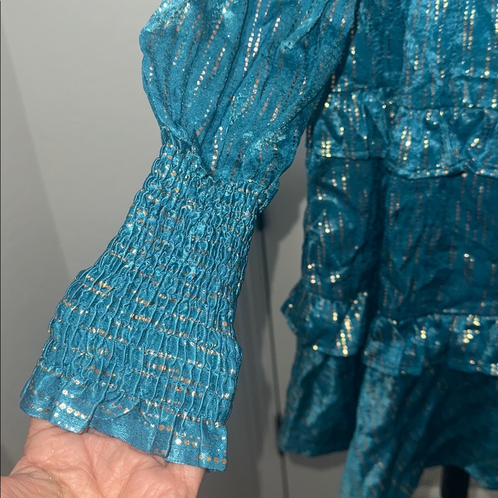 VICI Shine On Metallic Turquoise Baby Doll Smocked Top Tiered Mini Dress Size S - Picture 9 of 14